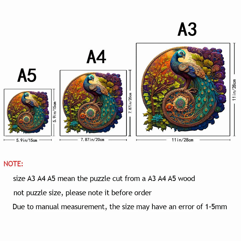 Animal Wooden Puzzle Round Peacock Wooden Puzzle Three Sized A3 A4 A5