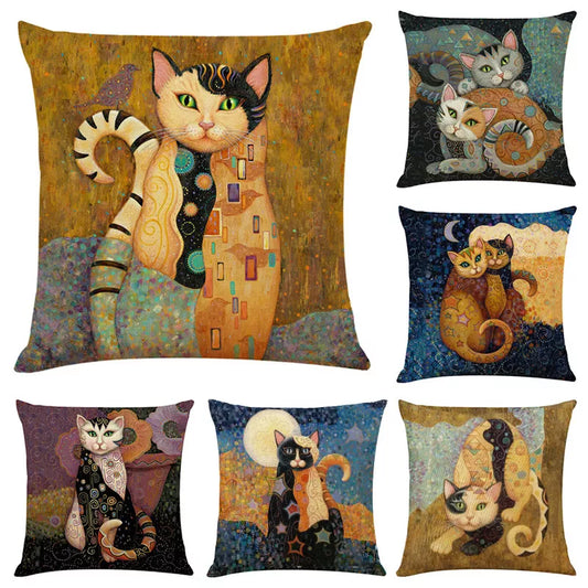 New Art Mural Cat Print Linen Pillowcase for Sofa  Home Decorative Cushion Cover