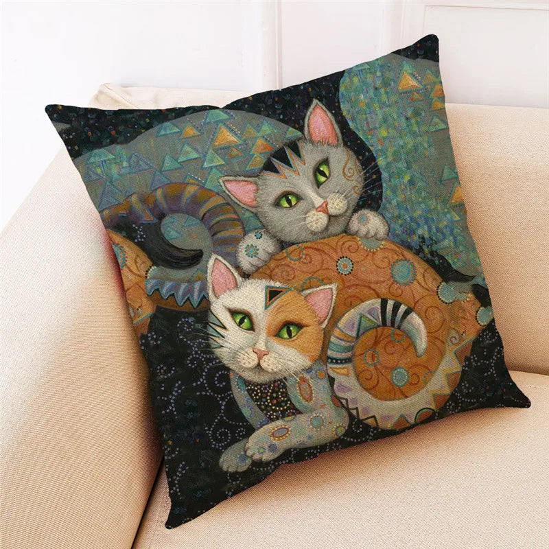 New Art Mural Cat Print Linen Pillowcase for Sofa  Home Decorative Cushion Cover