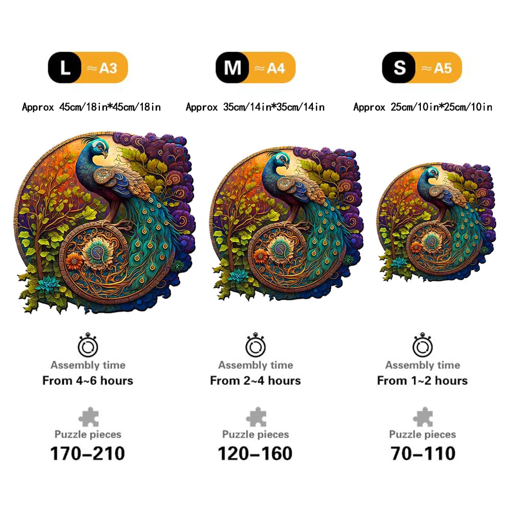 Animal Wooden Puzzle Round Peacock Wooden Puzzle Three Sized A3 A4 A5