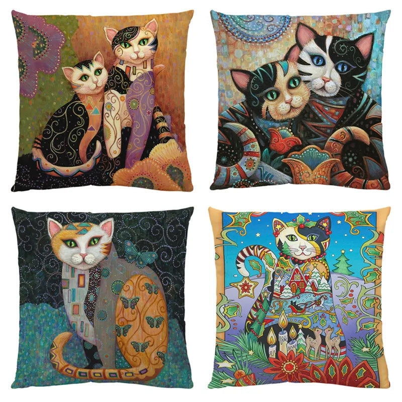 New Art Mural Cat Print Linen Pillowcase for Sofa  Home Decorative Cushion Cover