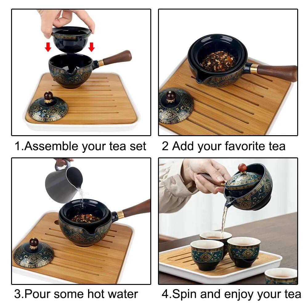 360 Rotation Porcelain Chinese Gongfu Tea Set Tea Maker and Infuser Ceramic Tea Cup for Puer