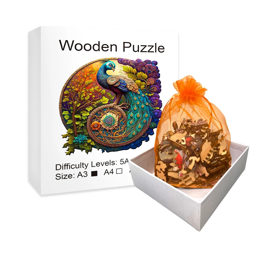 Animal Wooden Puzzle Round Peacock Wooden Puzzle Three Sized A3 A4 A5